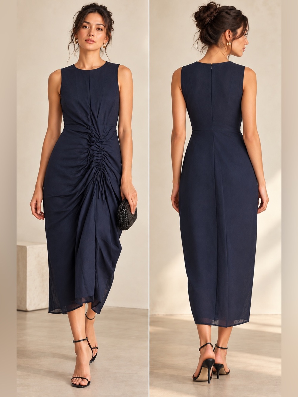 New FRAME Ruched Front Tie Dress Navy Size Large NWT $498 Ramie Midi Dress